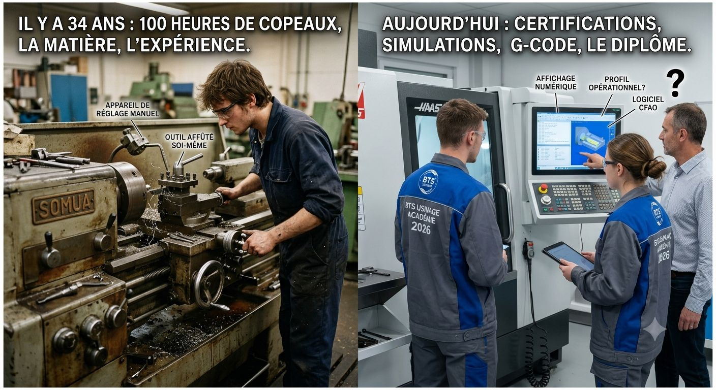 Comparaison entre un usineur formé sur tour conventionnel il y a 34 ans et des étudiants en BTS usinage formés sur simulation aujourd'hui
